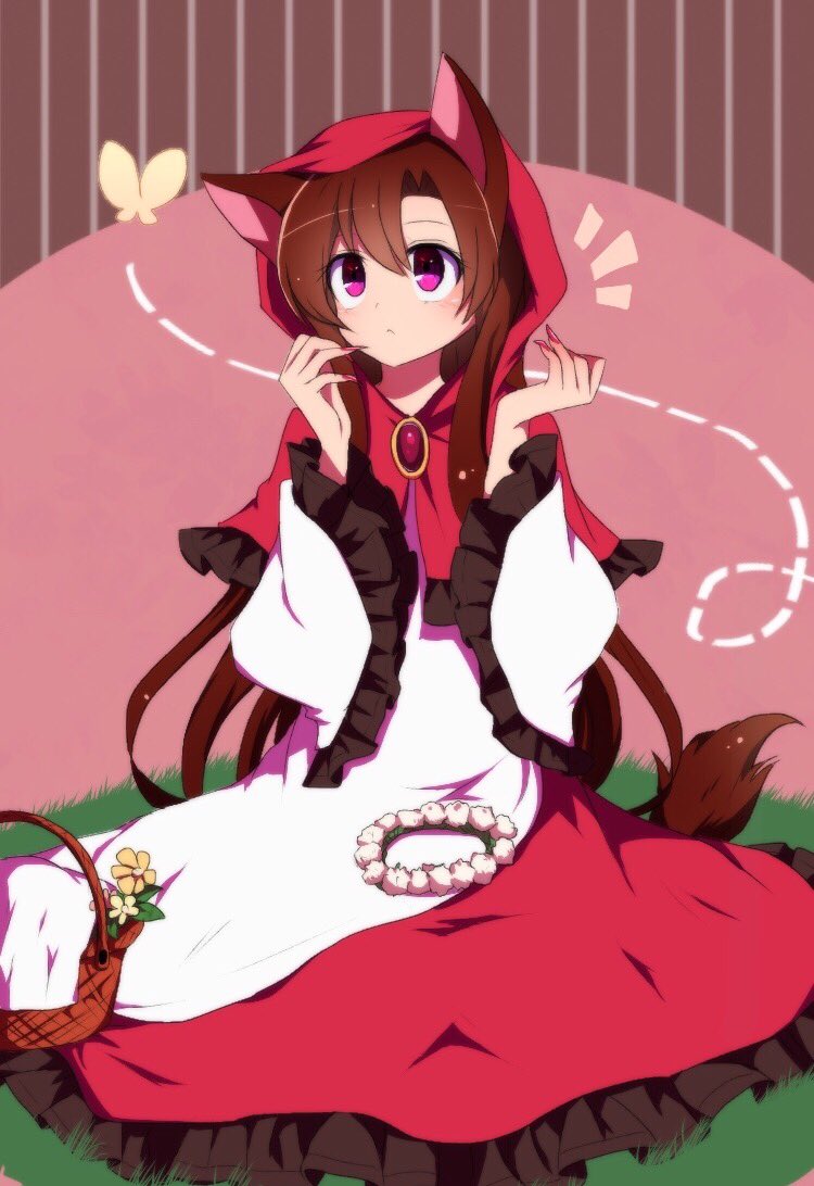 /\/\/\ 1girl :&lt; alternate_costume basket blush brooch brown_hair butterfly check_commentary closed_mouth commentary_request cosplay dress fingernails flower frilled_sleeves frills grass head_wreath hood imaizumi_kagerou jewelry little_red_riding_hood little_red_riding_hood_(cosplay) little_red_riding_hood_(grimm) long_hair long_sleeves looking_at_another multicolored_dress nail_polish pink_eyes red_hood red_nails sharp_fingernails sidelocks sitting solo tail touhou wide_sleeves wolf_tail you_(noanoamoemoe)