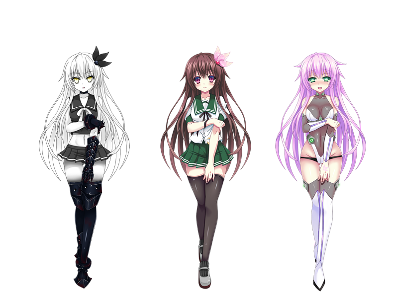 3girls black_legwear boots breasts brown_eyes brown_hair dark_persona gauntlets green_eyes green_skirt hair_ornament kantai_collection kisaragi_(kantai_collection) leotard long_hair midriff miniskirt multiple_girls neckerchief pleated_skirt ribbon school_uniform serafuku shinkaisei-kan shirt short_sleeves skirt sogegin thigh-highs thigh_boots violet_eyes white_shirt yellow_eyes zettai_ryouiki