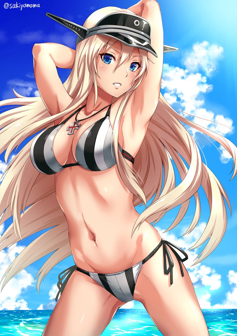 1girl adapted_costume armpits arms_behind_head bikini bismarck_(kantai_collection) blonde_hair blue_eyes breasts cleavage clouds cloudy_sky cross cross_necklace hat iron_cross jewelry kantai_collection long_hair military_hat navel necklace ocean parted_lips peaked_cap sakiyamama side-tie_bikini sky solo swimsuit water