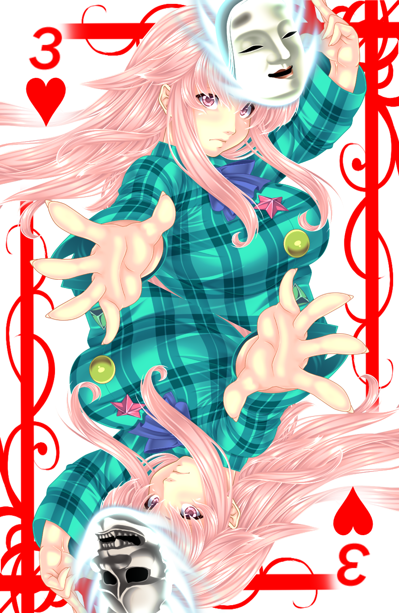 1girl breasts buttons card card_(medium) commentary commentary_request expressionless fingernails hands hata_no_kokoro highres large_breasts long_hair looking_at_viewer mask multiple_views noh_mask pink_eyes pink_hair plaid plaid_shirt playing_card shirt sidelocks touhou yoiti