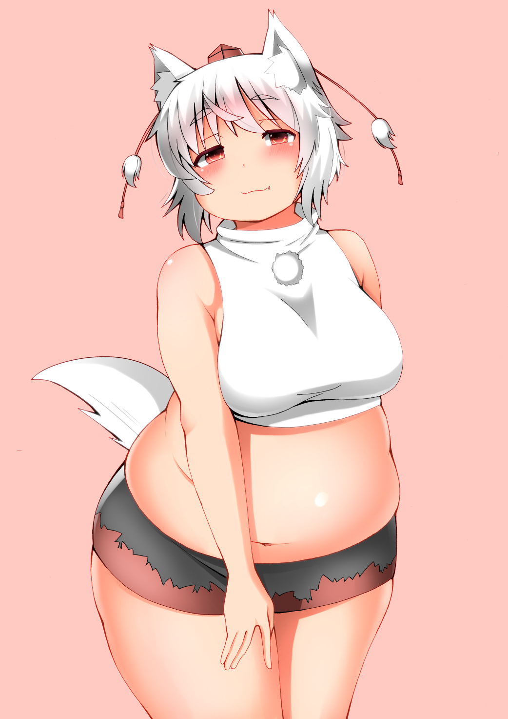 1girl :3 adapted_costume animal_ears bangs bare_arms belly big_belly blush breasts come_hither cowboy_shot crop_top eyebrows eyebrows_visible_through_hair fang fang_out fat fat_folds gradient_hair hand_on_own_thigh hat head_tilt highres hips inubashiri_momiji large_breasts looking_at_viewer medium_breasts microskirt multicolored_hair navel pink_background pom_pom_(clothes) red_eyes seductive_smile shiny shiny_hair shiny_skin shirt shishi_(321_0819) short_eyebrows short_hair silver_hair simple_background skirt sleeveless sleeveless_shirt smile solo stomach tail thick_eyebrows thick_thighs thighs tokin_hat touhou white_hair white_shirt wolf_ears wolf_tail