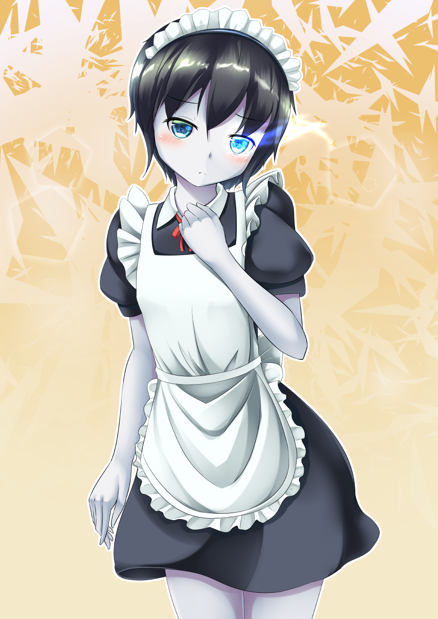 1girl alternate_costume apron black_hair blue_eyes blush commentary_request contrapposto cowboy_shot enmaided frown glowing glowing_eyes gradient gradient_background hand_on_own_chest head_tilt highres kantai_collection kirimori_toya looking_at_viewer maid maid_apron maid_headdress orange_background pale_skin puffy_short_sleeves puffy_sleeves ri-class_heavy_cruiser shinkaisei-kan short_hair short_sleeves solo standing two-tone_background