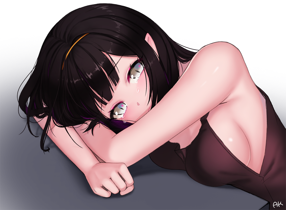 1girl ango arm_pillow bangs bare_arms bare_shoulders black_hair blush breasts cleavage closed_mouth crying eyelashes from_side frown gradient gradient_background grey_eyes hairband head_rest long_hair looking_at_viewer medium_breasts messy_hair no_bra original pointy_ears sideboob signature sleeveless slit_pupils solo tears upper_body
