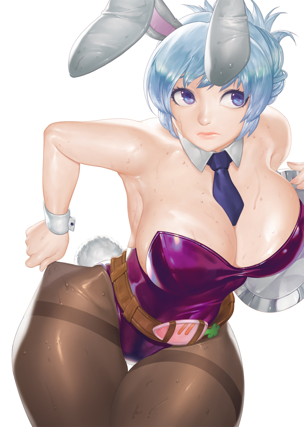 1girl alternate_costume animal_ears bare_shoulders battle_bunny_riven bling_(wnsdud34) blue_eyes breasts bunny_tail bunnysuit cleavage curvy highres large_breasts league_of_legends lips necktie pantyhose pantyhose_tug rabbit_ears riven_(league_of_legends) short_hair silver_hair simple_background solo tail thigh_gap thighs tied_hair white_background wide_hips