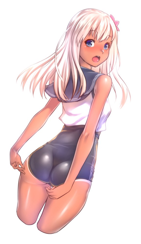 1girl adjusting_clothes adjusting_swimsuit ass blue_eyes blush crop_top flower hair_flower hair_ornament kantai_collection long_hair looking_at_viewer one-piece_tan open_mouth ro-500_(kantai_collection) sailor_collar school_swimsuit solo swimsuit swimsuit_under_clothes tan tanline white_hair zucchini