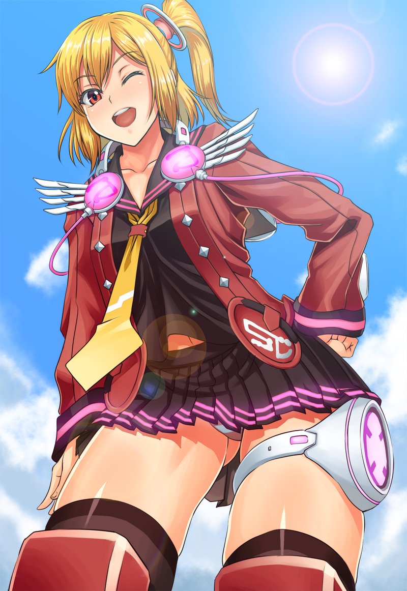 1girl ;d belly_peek black_legwear black_serafuku black_skirt blonde_hair blush collarbone commentary_request cowboy_shot emilia_percival from_below hair_ornament hand_on_hip jacket lens_flare long_sleeves looking_at_viewer miniskirt necktie nose_blush one_eye_closed open_clothes open_jacket open_mouth panties pantyshot pantyshot_(standing) phantasy_star phantasy_star_portable_2 pleated_skirt red_eyes red_jacket school_uniform serafuku shunzou side_ponytail skirt smile solo standing striped striped_panties sunlight thigh-highs underwear yellow_necktie