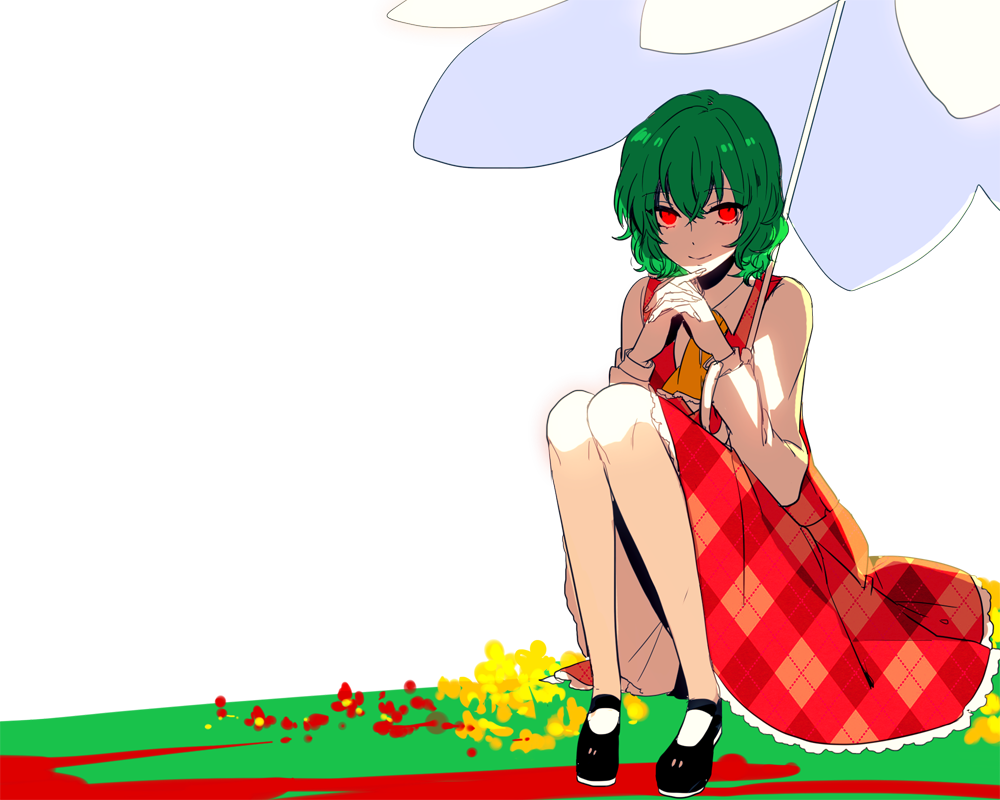 1girl ascot checkered checkered_skirt checkered_vest glowing glowing_eyes green_hair hair_between_eyes hands_clasped kazami_yuuka long_sleeves looking_at_viewer mary_janes nr_(cmnrr) parasol red_eyes shoes short_hair sitting skirt smile solo touhou transparent_background umbrella