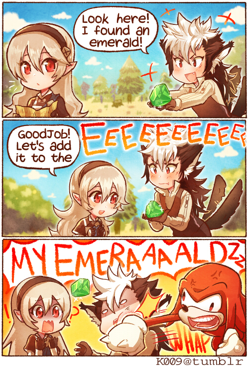1girl 2boys anger_vein animal_ears armor black_hair blonde_hair clouds crossover emerald english female_my_unit_(fire_emblem_if) fire_emblem fire_emblem_if flannel_(fire_emblem_if) gem gloves green hairband kataro knuckles_the_echidna long_hair multicolored_hair multiple_boys my_unit_(fire_emblem_if) open_mouth pointy_ears punching red_eyes scar sonic_the_hedgehog speech_bubble tail tree two-tone_hair white_hair wolf_ears wolf_tail