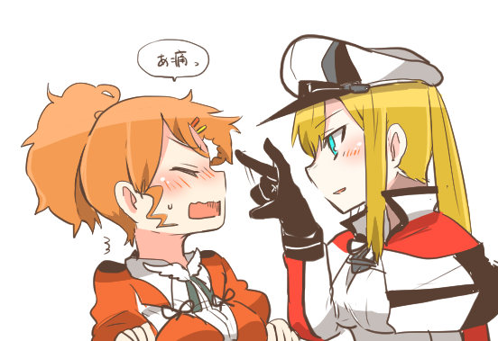 2girls aquila_(kantai_collection) blonde_hair blue_eyes closed_eyes flick gloves graf_zeppelin_(kantai_collection) hair_ornament hairclip hat high_ponytail kantai_collection multiple_girls open_mouth orange_hair rebecca_(keinelove) sweat translated