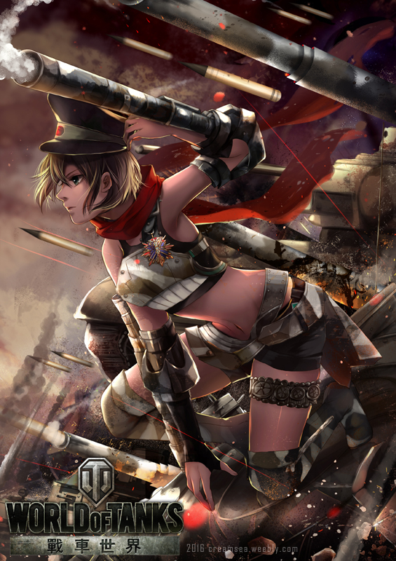 1girl armor bare_shoulders boots brown_hair cannon chinese cowter creamsea firing green_eyes ground_vehicle hat military military_vehicle motor_vehicle profile scarf shorts smoke solo tank tank_shell thigh_strap vambraces world_of_tanks