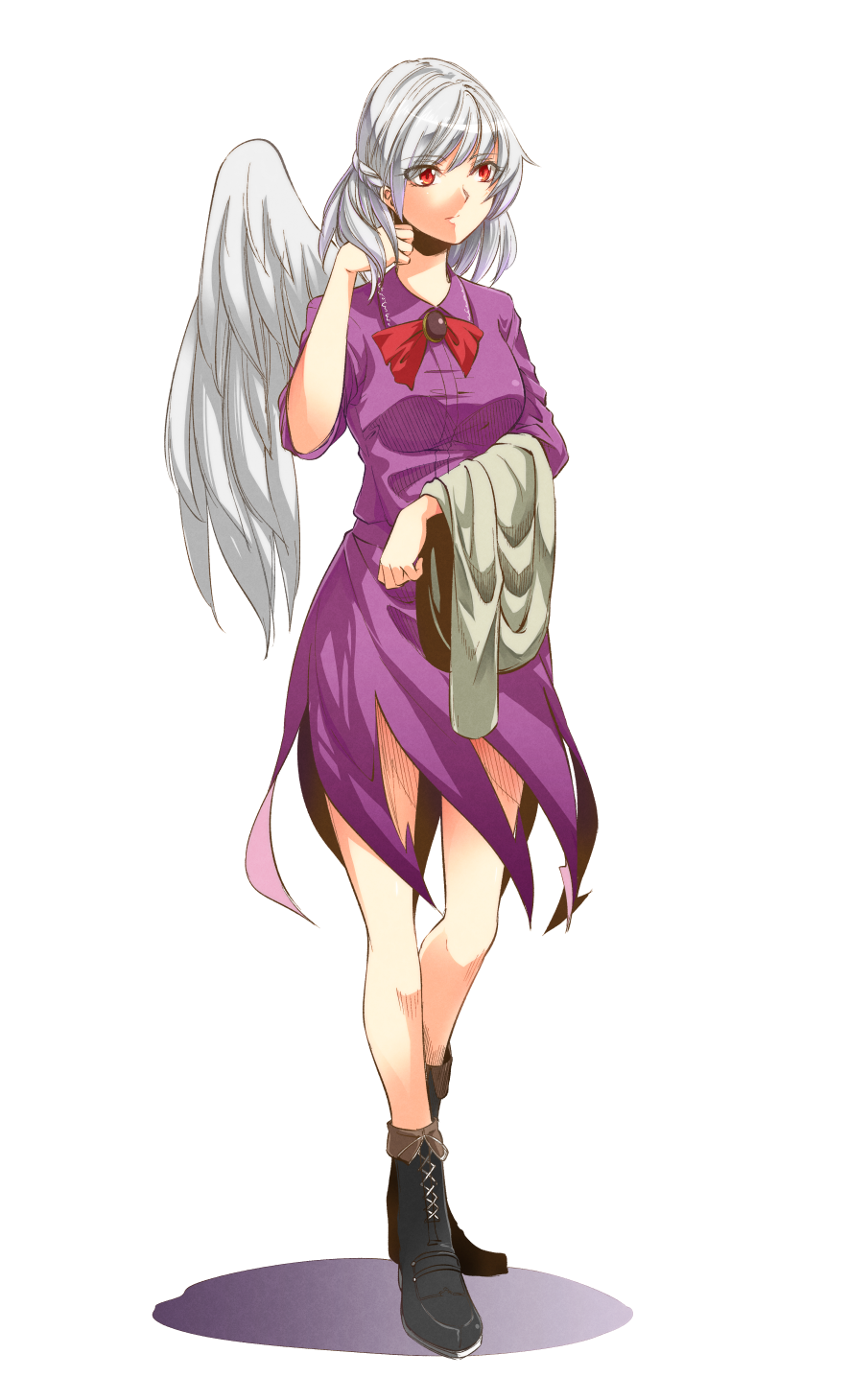 1girl angel_wings black_boots boots bow bowtie brooch closed_mouth commentary_request cross-laced_footwear dress feathered_wings full_body hair_flip highres jacket jacket_removed jewelry kakao_(noise-111) kishin_sagume lace-up_boots looking_away purple_dress red_bow red_bowtie red_eyes short_dress short_hair silver_hair single_wing solo touhou white_background white_wings wings