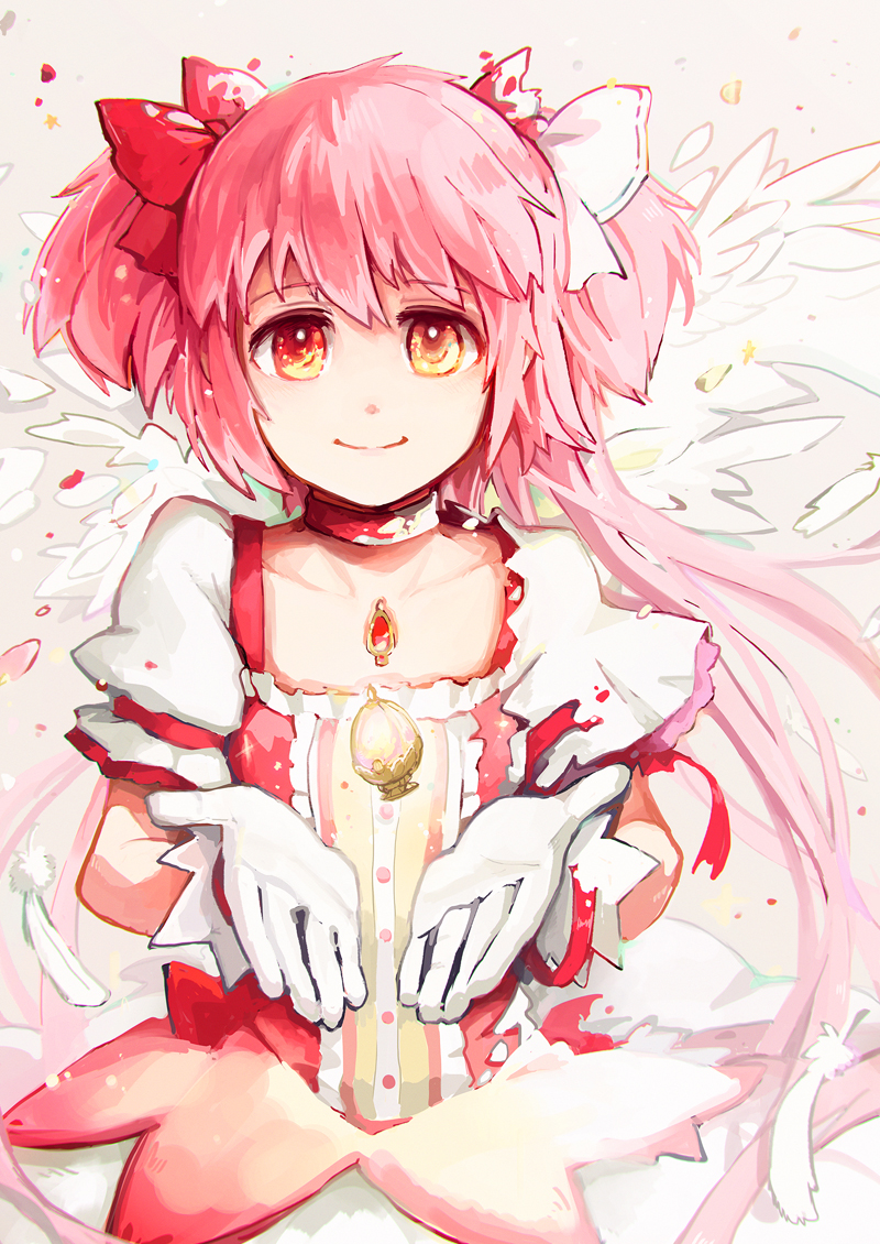 1girl back-to-back bow brooch choker feathers floating_object gloves goddess_madoka hair_bow hair_ribbon henshin jewelry kaname_madoka long_hair looking_at_viewer magical_girl mahou_shoujo_madoka_magica pink_hair red_eyes ribbon short_twintails silverxp smile solo soul_gem split_theme transformation twintails white_gloves