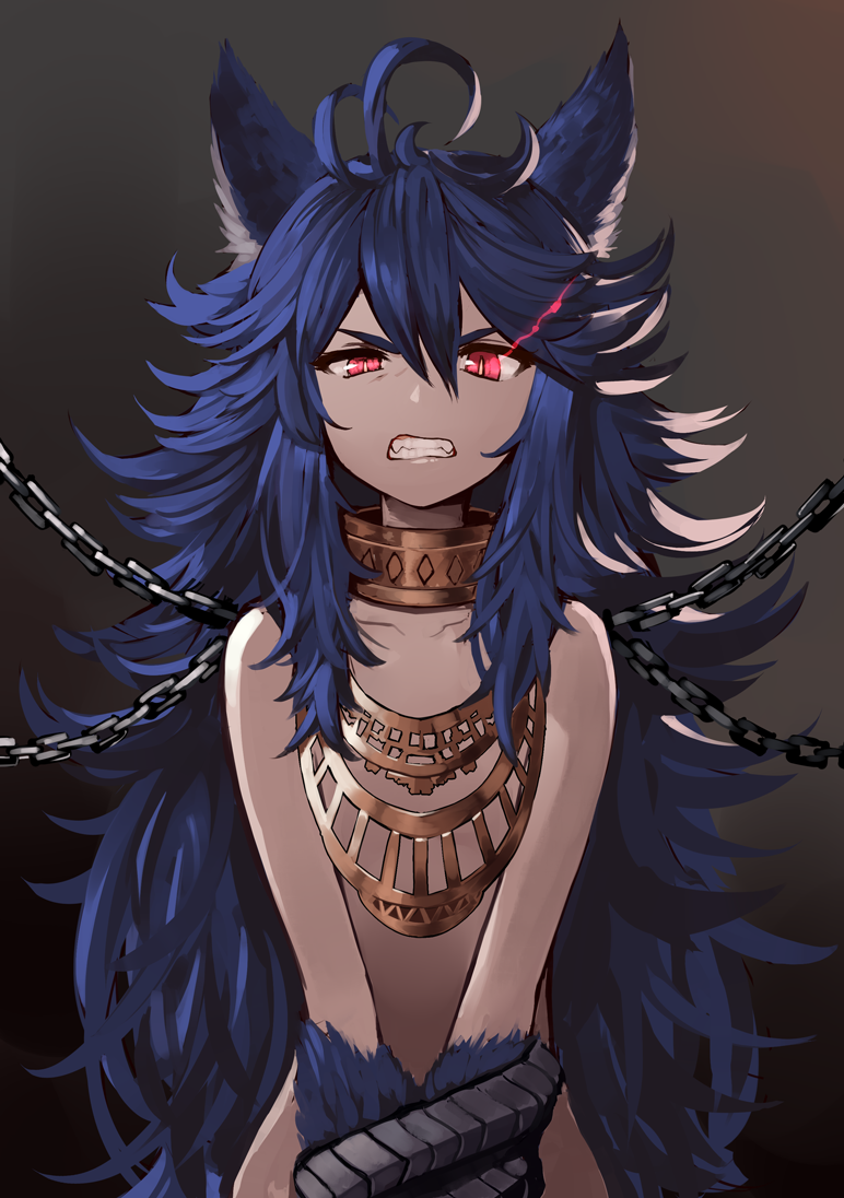 1girl animal_ears blue_hair bound bound_wrists chain clenched_teeth commentary_request fang fenrir_(shingeki_no_bahamut) glowing glowing_eyes granblue_fantasy jewelry long_hair looking_at_viewer necklace omaru_gyuunyuu paws red_eyes shingeki_no_bahamut simple_background solo spiky_hair tail teeth wolf_ears wolf_tail