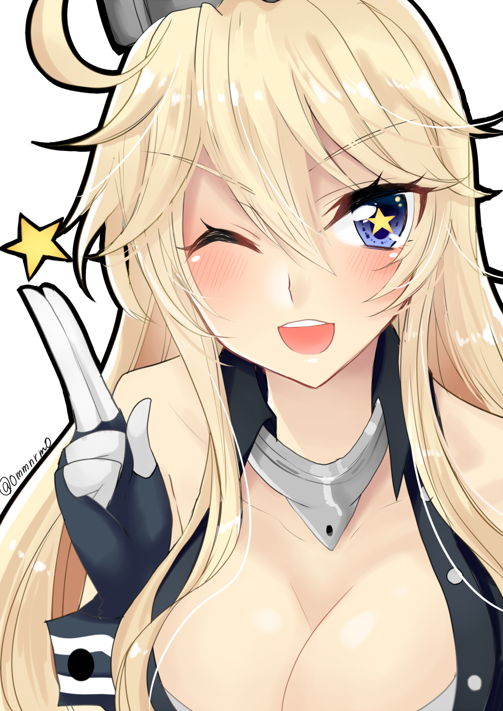 &gt;;d 1girl ;d ahoge aonegi blonde_hair blue_eyes blush breasts cleavage collar collarbone collared_shirt elbow_gloves eyebrows eyebrows_visible_through_hair fingerless_gloves gloves hair_between_eyes head_tilt headgear highres iowa_(kantai_collection) kantai_collection looking_at_viewer medium_breasts one_eye_closed open_mouth shirt simple_background smile solo star star-shaped_pupils symbol-shaped_pupils thigh-highs twitter_username upper_body white_background wing_collar wrist_cuffs