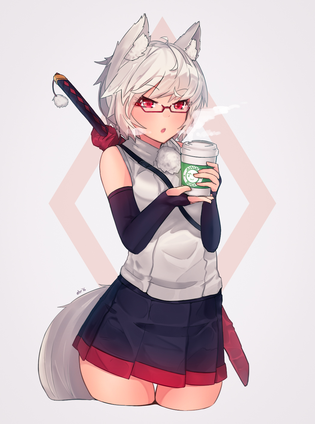 1girl :o animal_ears bare_shoulders bespectacled black_skirt blush bridal_gauntlets coffee commentary cowboy_shot cropped_legs ehrrr elbow_gloves glasses gloves hat highres inubashiri_momiji miniskirt plastic_cup pom_pom_(clothes) red-framed_eyewear red_eyes semi-rimless_glasses shirt short_hair silver_hair skirt sleeveless sleeveless_shirt solo steam sword tail thigh_gap tokin_hat touhou under-rim_glasses weapon weapon_on_back white_shirt wide_sleeves wolf_ears wolf_tail