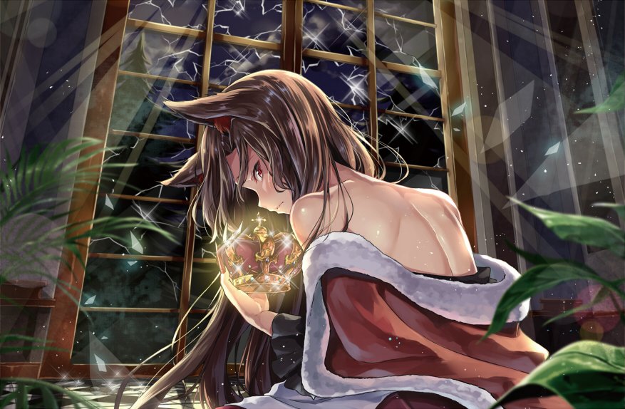 1girl animal_ears back bare_shoulders blurry blush broken_glass brown_hair closed_mouth commentary_request crown depth_of_field from_behind fur_trim glass glitter glowing imaizumi_kagerou indoors kakao_rantan light_particles long_hair long_sleeves looking_at_viewer off_shoulder plant potted_plant profile red_eyes royal_robe solo sunlight touhou upper_body wavy_mouth wide_sleeves wolf_ears wolf_girl