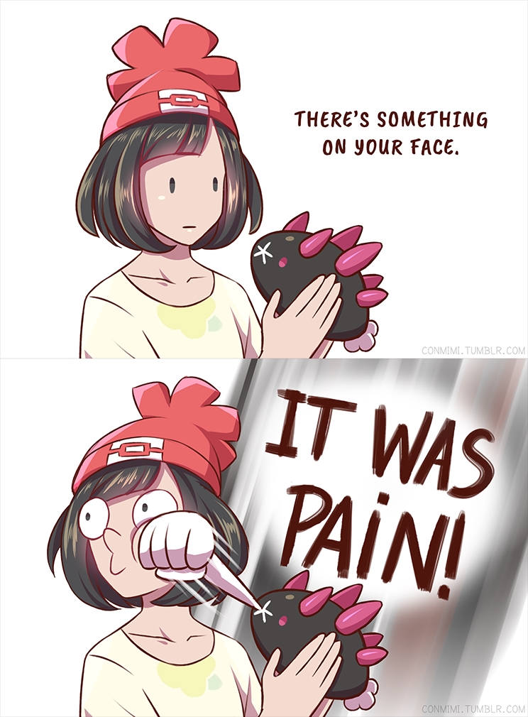 1girl 2koma asdfmovie beanie black_hair comic conmimi english expressionless eye_pop face_punch female_protagonist_(pokemon_sm) hat in_the_face md5_mismatch pokemon pokemon_(game) pokemon_sm punching pyukumuku short_hair solid_oval_eyes stitched tumblr_username white_background