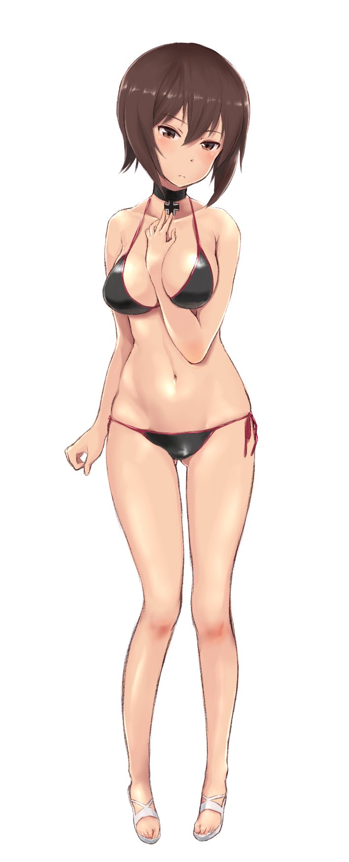 1girl ass_visible_through_thighs bare_legs between_breasts bikini black_bikini breasts brown_eyes brown_hair choker full_body girls_und_panzer hair_between_eyes hand_on_own_chest highres large_breasts navel nishizumi_maho sandals short_hair side-tie_bikini simple_background solo string_bikini swimsuit wa_(genryusui) white_background