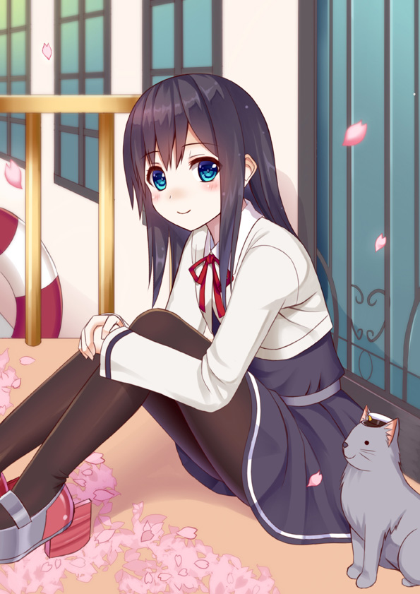 1girl animal asashio_(kantai_collection) black_hair black_legwear black_skirt blue_eyes blush bow bowtie cat cherry_blossoms commentary door eyebrows eyebrows_visible_through_hair from_side hair_between_eyes hands_on_own_knees hat ikeda_yuuki indoors kantai_collection leg_hug long_hair long_sleeves looking_at_viewer looking_to_the_side neck_ribbon pantyhose peaked_cap petals railing red_ribbon remodel_(kantai_collection) revision ribbon school_uniform sitting skirt smile window