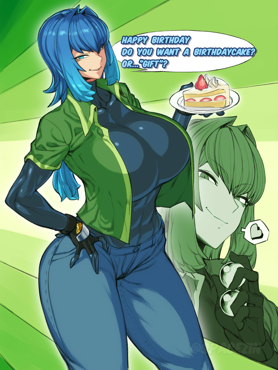 1girl abs blue_eyes blue_hair breasts cake denim fingerless_gloves food gloves heart highres huge_breasts impossible_clothes impossible_shirt jacket jeans multiple_views original pants shirt space_jin spoken_heart zoe_(space_jin)