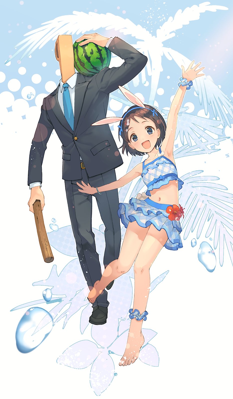 1boy 1girl :d animal_ears ankle_scrunchie arm_up armpits bare_legs bare_shoulders barefoot bikini bikini_skirt black_hair blue_bikini blue_eyes blush bracelet collarbone commentary_request fake_animal_ears flower food formal frilled_bikini frills fruit hair_ornament hairband hairclip hibiscus highres holding idolmaster idolmaster_cinderella_girls jewelry looking_at_viewer navel necktie open_mouth outstretched_arms p-head_producer producer_(idolmaster) rabbit_ears sasaki_chie scrunchie short_hair skirt smile spread_arms standing stick suit swimsuit teiryoku_lolita water watermelon wrist_scrunchie