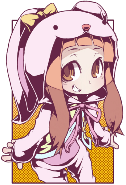 1girl animal_costume animal_ears ayame_(0419) bangs blunt_bangs blush brown_eyes brown_hair bunny_costume cosplay ichihara_nina idolmaster idolmaster_cinderella_girls kigurumi long_hair looking_at_viewer open_mouth rabbit_ears smile solo