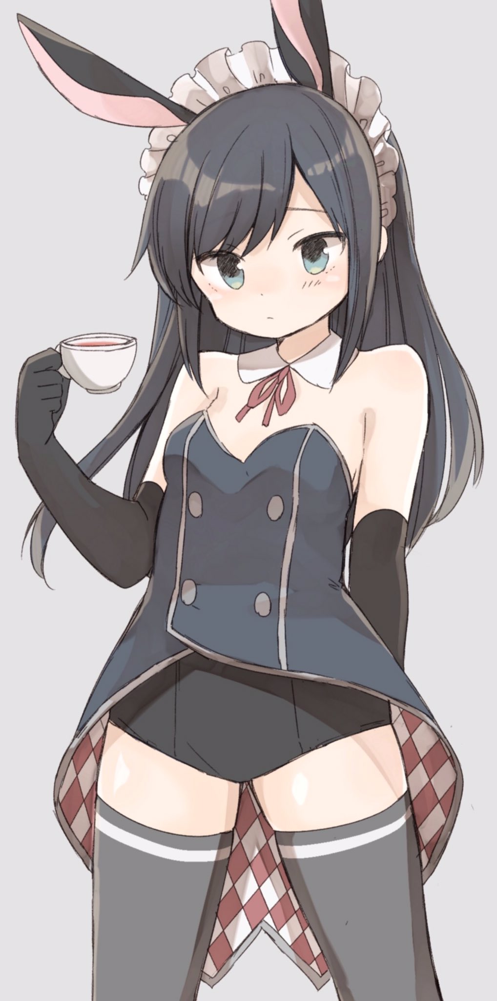 1girl adapted_costume alternate_costume animal_ears argyle arm_behind_back asashio_(kantai_collection) bare_shoulders black_gloves black_hair black_legwear blue_eyes breasts bunny_girl bunnysuit coattails commentary_request cup elbow_gloves eyebrows gloves grey_background highres holding holding_cup kantai_collection long_hair looking_at_viewer maid_headdress murakami_meishi neck_ribbon rabbit_ears red_ribbon ribbon simple_background small_breasts solo teacup