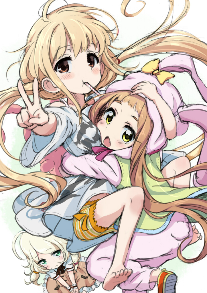 3girls :t ahoge animal_costume animal_ears bangs bare_legs barefoot bike_shorts blonde_hair blunt_bangs blush brown_eyes brown_hair bunny_costume candy candy_cane clothes_writing cosplay dress fang futaba_anzu green_eyes hug ichihara_nina idolmaster idolmaster_cinderella_girls kigurumi kingin long_hair looking_at_viewer low_twintails mouth_hold multiple_girls open_mouth pout rabbit_ears shirt short_hair short_twintails striped striped_bike_shorts t-shirt twintails v very_long_hair yusa_kozue