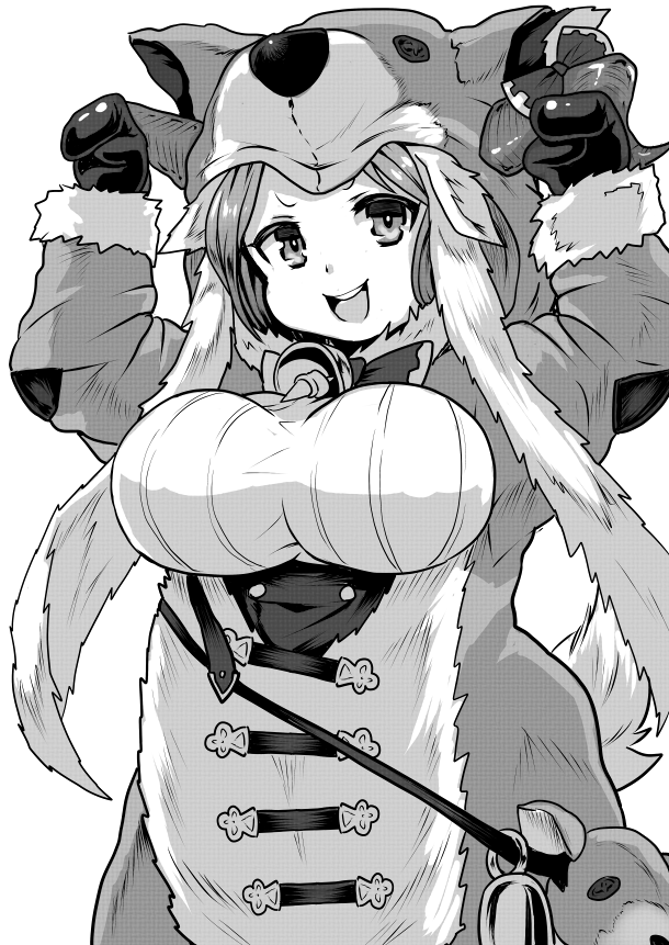 1girl :d animal_costume animal_hat animal_hood arms_up bag bell breasts daetta_(granblue_fantasy) doraf fur_trim gloves granblue_fantasy greyscale hat hood horns large_breasts long_hair long_sleeves looking_at_viewer monochrome open_mouth smile solo tail yukinojou_yakan