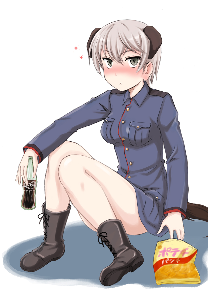 1girl animal_ears bangs black_boots blush boots bottle coca-cola cross-laced_footwear dog_ears dog_tail eating green_eyes highres holding laura_toth looking_at_viewer military military_uniform no_pants potato_chips short_hair silver_hair sitting solo strike_witches tail uniform wanyan_aguda world_witches_series