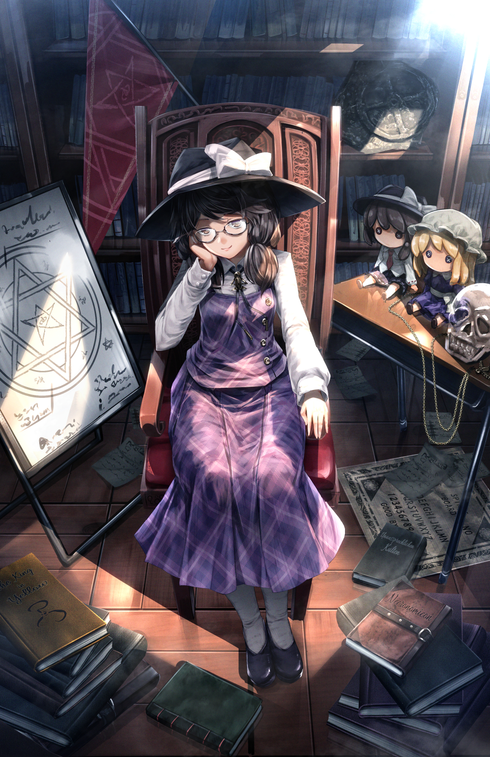3girls arm_support armchair black_hat black_shoes book book_stack bookshelf bow brown_hair button_eyes chain chair character_doll chin_rest commentary desk doll easel elbow_rest elder_sign flag glasses hair_over_shoulder hat hat_bow head_tilt hexagram highres indoors light_rays loafers looking_at_viewer magic_circle maribel_hearn multiple_girls necronomicon paper papers plaid plaid_skirt purple_skirt ryosios shoes sitting skirt skull smile socks solo_focus touhou usami_renko usami_sumireko white_bow wooden_chair wooden_floor yellow_sign