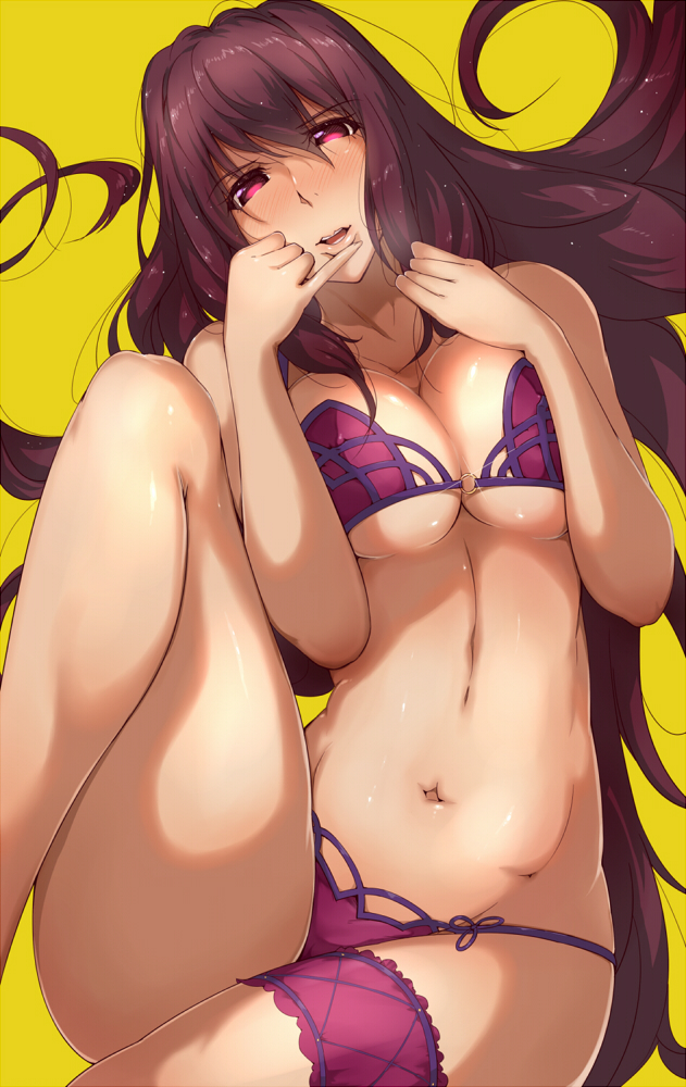 1girl bikini blush breast_press breasts brown_hair fate/grand_order fate_(series) lavender_hair lips long_hair looking_at_viewer lying navel on_back scathach_(fate/grand_order) simple_background solo swimsuit thigh_strap tokiwa_mmm yellow_background