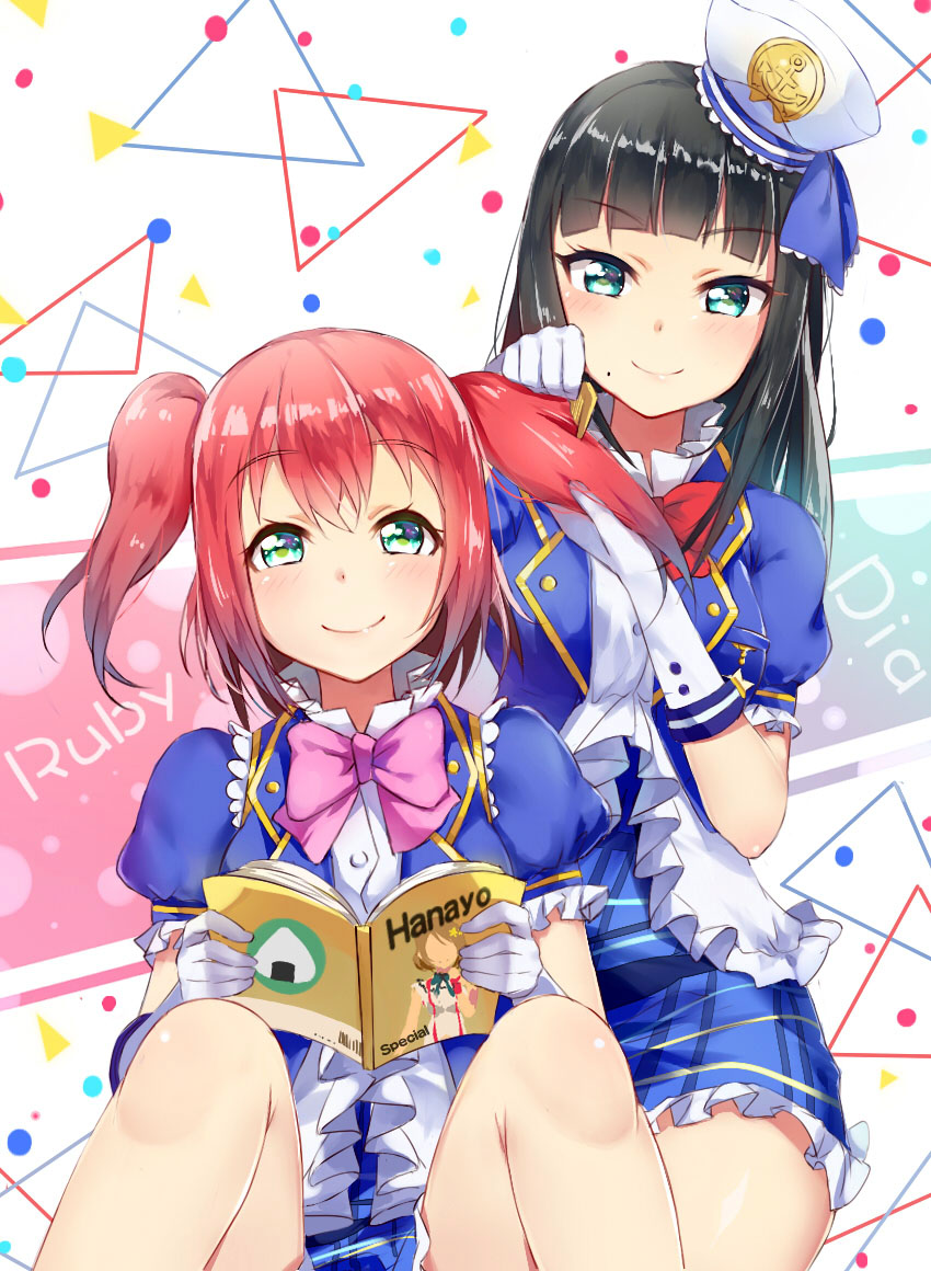 &gt;:) 2girls anchor_symbol aqua_eyes bangs barcode black_hair blunt_bangs bokura_wa_ima_no_naka_de book bow bowtie character_name closed_mouth comb combing commentary_request english eyebrows eyebrows_visible_through_hair food frilled_shirt_collar frills ginn_(hzh770121) gloves hairdressing hand_in_another's_hair hat hat_ribbon head_tilt holding holding_another's_hair holding_book koizumi_hanayo kurosawa_dia kurosawa_ruby long_hair love_live! love_live!_school_idol_festival love_live!_school_idol_project love_live!_sunshine!! magazine mole mole_under_mouth multiple_girls onigiri open_book pink_bow pink_bowtie plaid plaid_skirt pleated_skirt puffy_short_sleeves puffy_sleeves reading red_bow red_bowtie redhead ribbon sailor_hat short_sleeves siblings sisters sitting skirt smile triangle tsurime twintails two_side_up white_background