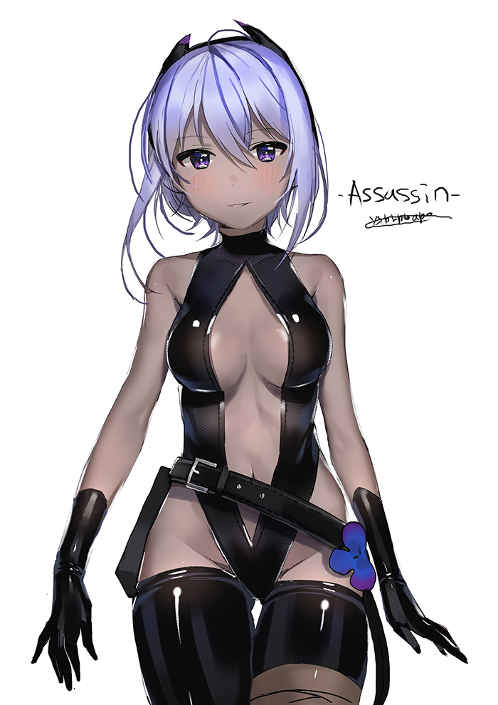 1girl assassin_(fate/prototype_fragments) bare_shoulders black_legwear blush breasts cleavage_cutout dark_skin dr_poapo fate/grand_order fate/prototype fate/prototype:_fragments_of_blue_and_silver fate_(series) looking_at_viewer purple_hair short_hair simple_background sketch solo violet_eyes