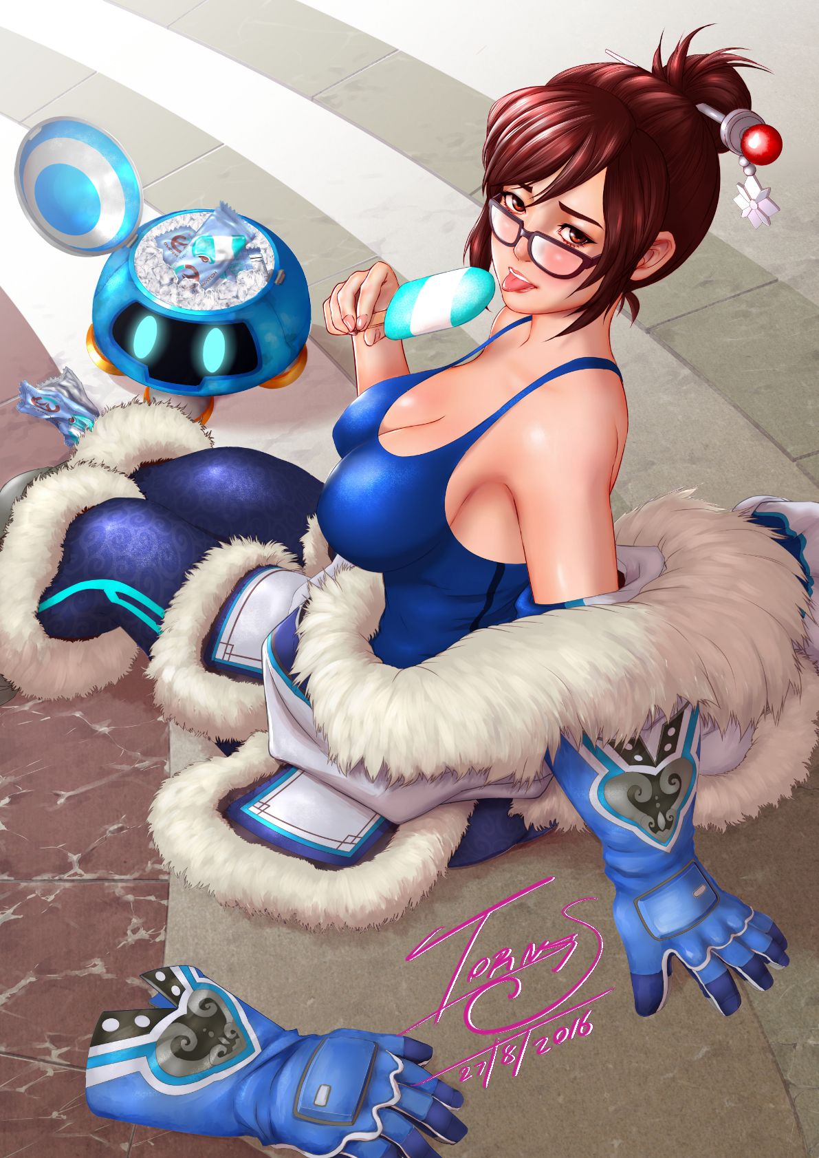 1girl arm_support breasts brown_hair cleavage fur_coat fur_trim glasses gloves hair_bun hair_ornament hairpin highres ice jacket_on_shoulders looking_at_viewer mei_(overwatch) overwatch sitting solo tongue tongue_out torn_s