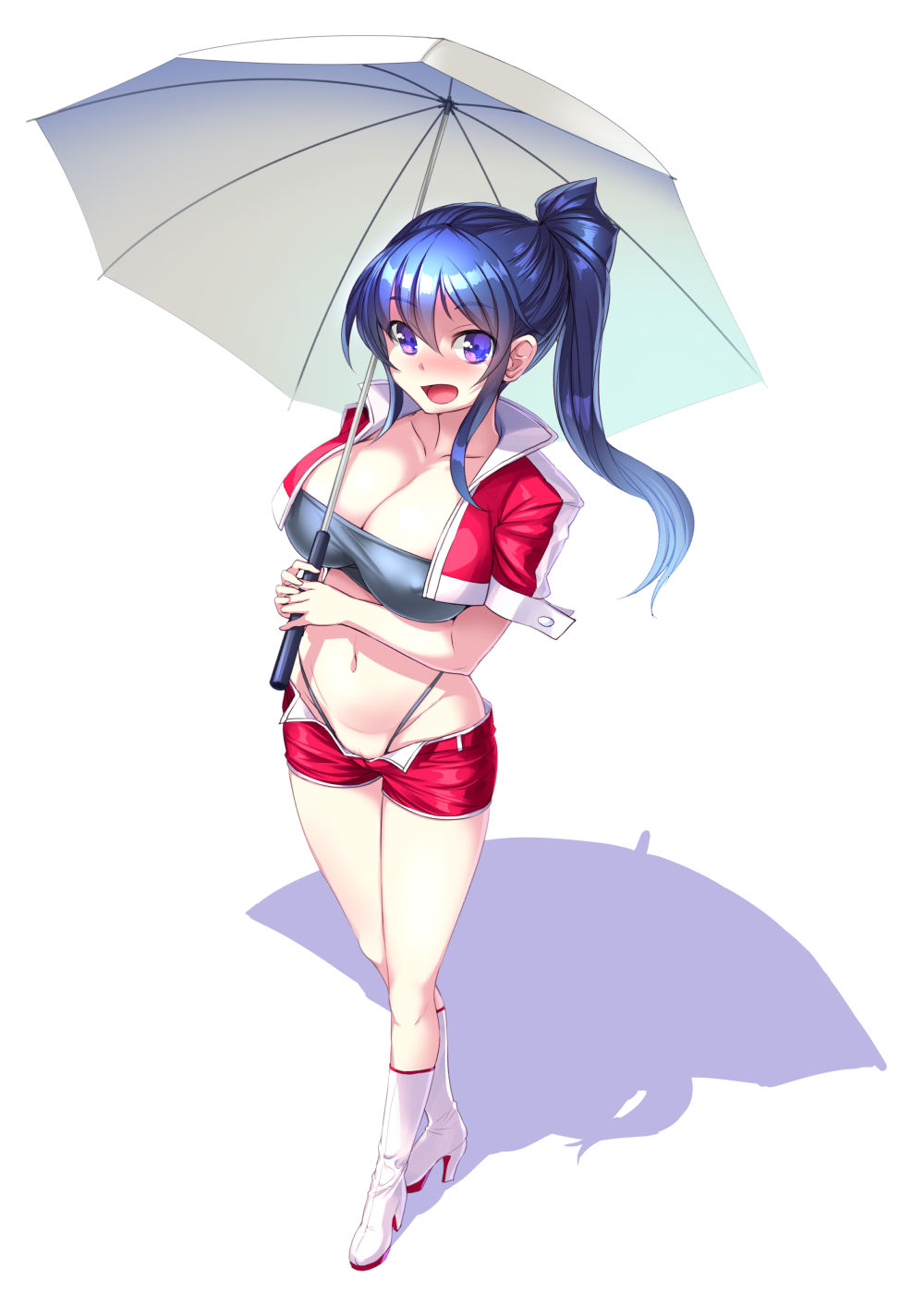 1girl :d blue_hair boots bosshi breasts cleavage covered_nipples high_heels highleg highleg_panties highres large_breasts long_hair looking_at_viewer midriff navel open_mouth original panties ponytail racequeen shorts smile solo umbrella underwear violet_eyes