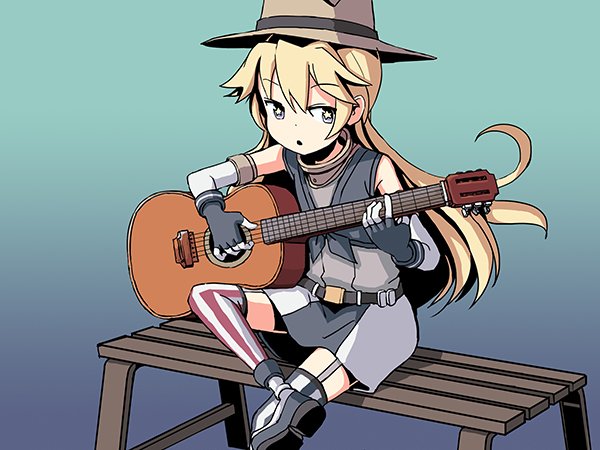1girl adrian_ferrer alternate_breast_size belt bench blonde_hair blue_eyes crossed_legs elbow_gloves fingerless_gloves flat_chest gloves guitar hat instrument iowa_(kantai_collection) kantai_collection music playing_instrument sitting solo star star-shaped_pupils striped striped_legwear symbol-shaped_pupils thigh-highs younger