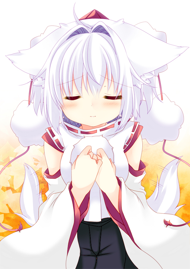 1girl ahoge animal_ears blush closed_eyes detached_sleeves hat hikanyan inubashiri_momiji looking_at_viewer pom_pom_(clothes) short_hair solo tail tokin_hat touhou white_hair wolf_ears wolf_tail