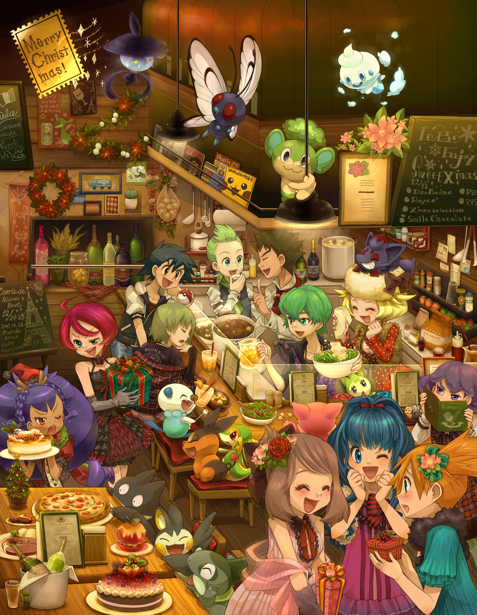 5boys 6+girls ahoge apple arm_warmers axew banner bel_(pokemon) billboard black_gloves black_hair blue_eyes bottle bow bracelet braid brown_eyes brown_hair bucket butterfree cabernet_(pokemon) cake chair christmas_tree closed_eyes covering_face cup dent_(pokemon) dress drinking_straw eating emolga eye_contact flour flower food fruit gift gloves green_eyes green_hair green_necktie hair_bow hair_flower hair_ornament haruka_(pokemon) hat hat_bow highres hikari_(pokemon) holding holding_poke_ball indoors iris_(pokemon) jacket jewelry kasumi_(pokemon) ladle lampent langley_(pokemon) light long_hair looking_at_another menu merry_christmas multiple_boys multiple_girls munchlax napkin napkin_holder necktie one_eye_closed open_mouth oshawott pansage picture_(object) pikachu pink_dress pitcher pizza plaid plaid_skirt poke_ball pokemon pokemon_(anime) pokemon_(creature) purple_hair record red_necktie redhead restaurant roselia salad sasairebun satoshi_(pokemon) shooti_(pokemon) short_hair shuu_(pokemon) sitting skirt skitty smeargle snivy spoon standing stew takeshi_(pokemon) tepig vanillite violet_eyes virizion wine_bottle wreath zorua