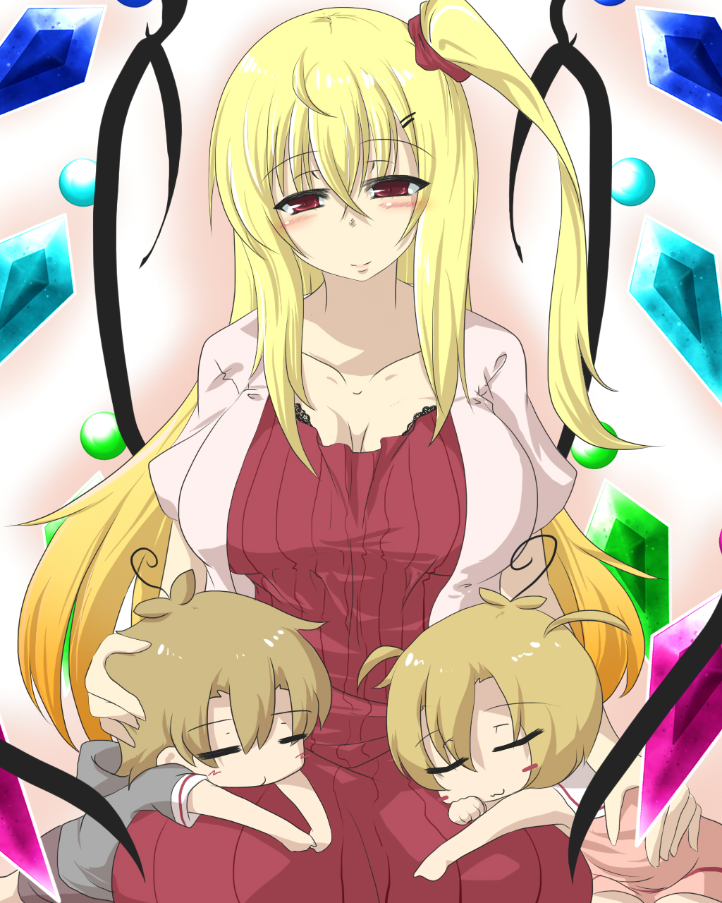 1boy 2girls bangs blonde_hair blush blush_stickers breasts brown_hair casual chemise child cleavage closed_eyes commentary_request contemporary crystal dress flan-maman flandre_scarlet gomasamune hair_ornament hair_scrunchie hairclip hand_on_another's_back hand_on_another's_head highres hood hoodie lace large_breasts light_brown_hair long_hair multiple_girls older original red_eyes sailor_collar scrunchie shadow short_hair short_sleeves shorts side_ponytail sidelocks sketch sleeping sleeping_on_person sleeveless sleeveless_dress smile sweater touhou wings