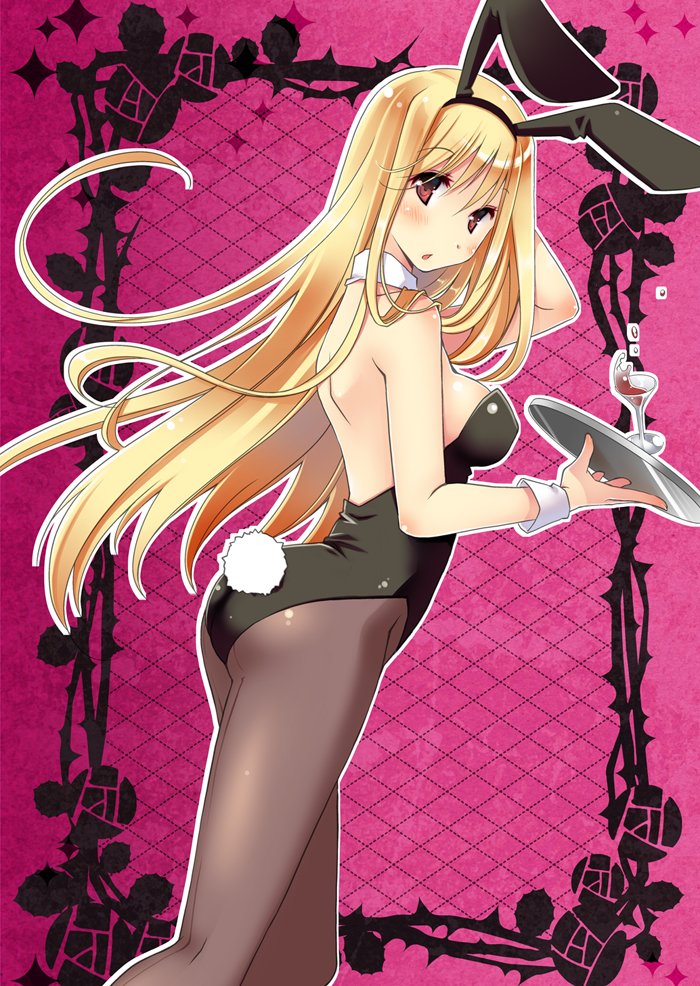 1girl animal_ears bangs bare_shoulders blonde_hair blush breasts brown_eyes bunny_day bunny_girl bunny_tail bunnysuit commentary_request cup detached_collar drinking_glass droplets fake_animal_ears hairband holding holding_tray leotard long_hair looking_at_viewer looking_back open_back open_mouth original pantyhose rabbit_ears sideboob solo tail theta_(ponkotsu_works) tray very_long_hair wine_glass wrist_cuffs