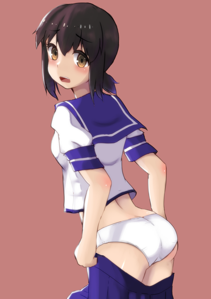1girl arched_back ass black_hair blue_skirt blush breasts brown_eyes fubuki_(kantai_collection) isahiro kantai_collection looking_at_viewer looking_back low_ponytail open_mouth panties pleated_skirt ponytail school_uniform serafuku short_ponytail short_sleeves simple_background skirt skirt_pull small_breasts solo underwear undressing white_panties