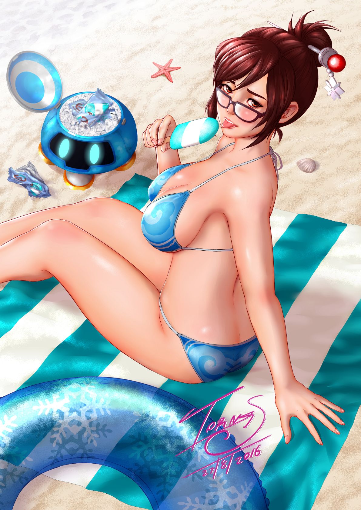 1girl arm_support ass beach beach_towel bikini blue_bikini breasts brown_hair butt_crack cleavage glasses hair_bun hair_ornament hairpin highres ice looking_at_viewer mei_(overwatch) overwatch sand seashell shell sitting solo starfish swimsuit tongue tongue_out torn_s