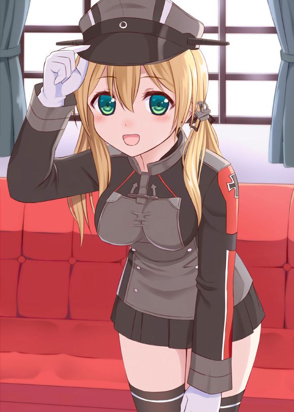 1girl :d adjusting_clothes adjusting_hat anchor_choker anchor_hair_ornament bent_over black_legwear black_skirt blonde_hair blush buttons commentary_request couch curtains gloves green_eyes hair_between_eyes hair_ornament hat ikeda_yuuki indoors iron_cross kantai_collection leaning_forward long_hair long_sleeves looking_at_viewer military military_uniform miniskirt open_mouth peaked_cap pleated_skirt prinz_eugen_(kantai_collection) revision skirt smile solo standing thigh-highs twintails uniform white_gloves window zettai_ryouiki