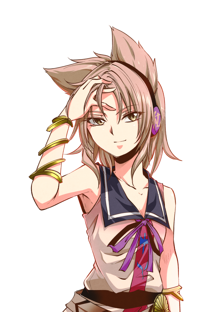 &gt;:) 1girl arm_up armpits bracelet brown_eyes brown_hair closed_mouth commentary_request earmuffs jewelry kakao_(noise-111) looking_at_viewer neck_ribbon pointy_hair purple_ribbon ribbon ritual_baton sash shirt short_hair sleeveless sleeveless_shirt smile solo touhou toyosatomimi_no_miko tsurime upper_body white_background