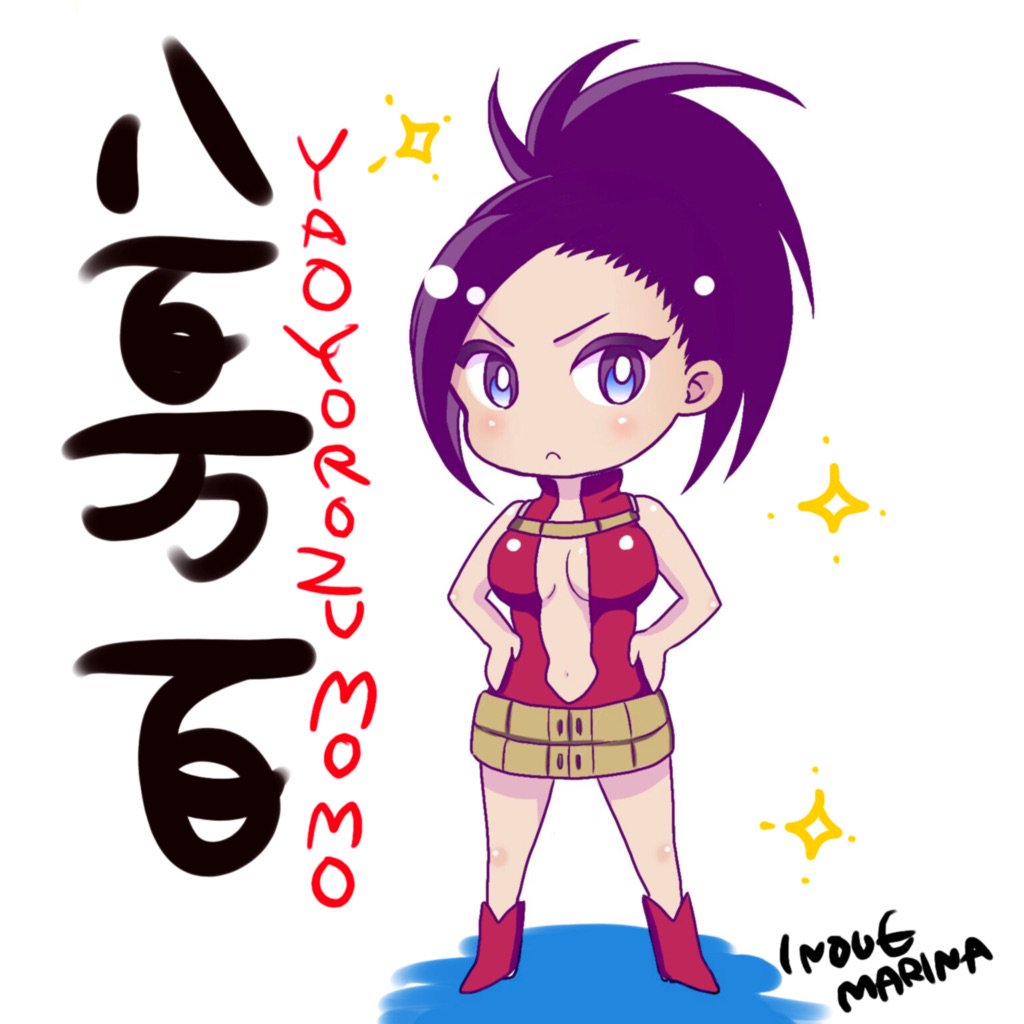&gt;:&lt; 1girl artist_name bare_arms bare_shoulders black_hair blue_eyes blush bodysuit boku_no_hero_academia boots breasts bright_pupils character_name chibi closed_mouth hands_on_hips high_ponytail inoue_marina_(artist) large_breasts long_hair navel red_boots simple_background solo sparkle standing white_background yaoyorozu_momo