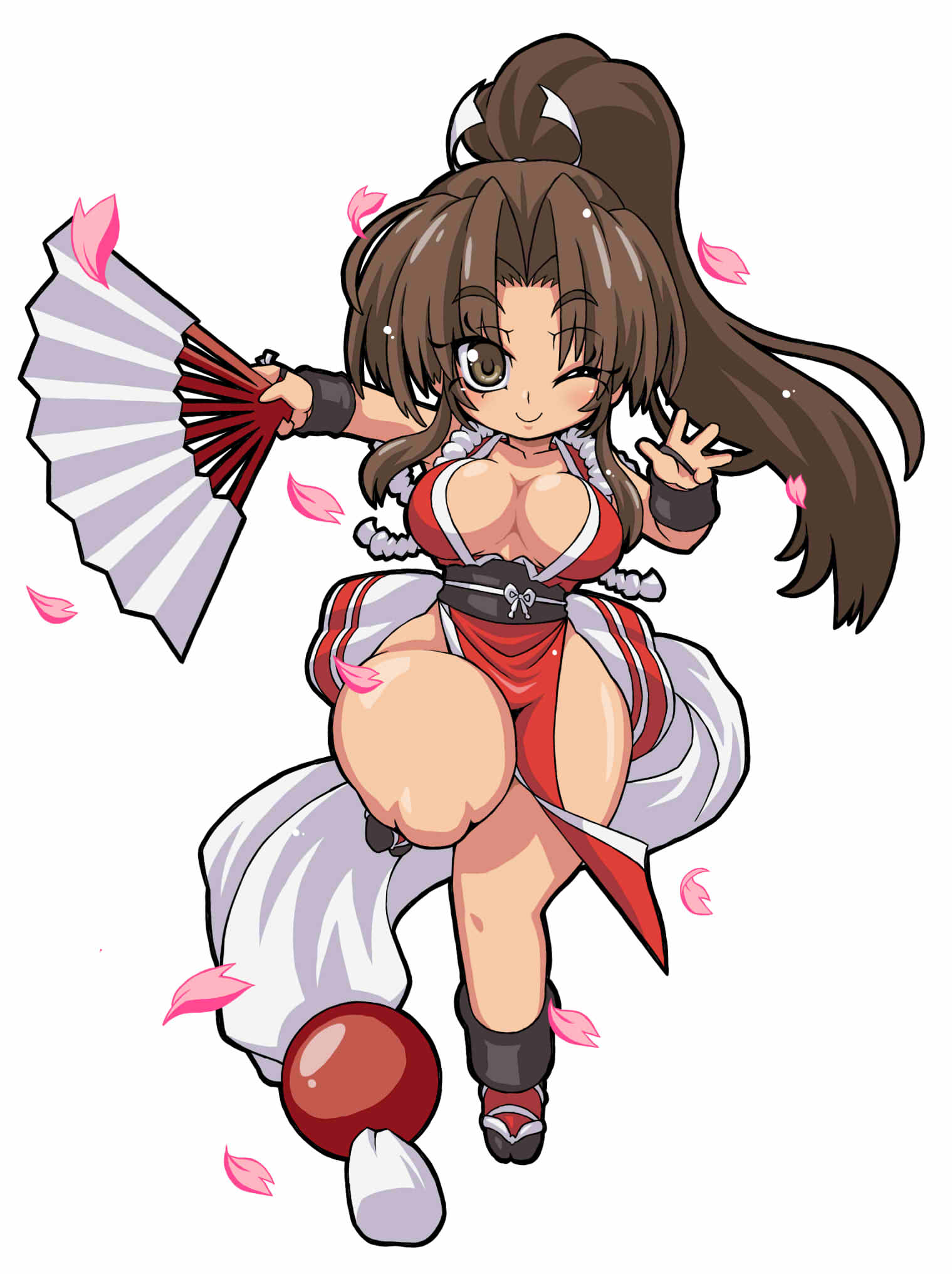 1girl blush breasts brown_hair cherry_blossoms chibi fan fatal_fury full_body great_magami highres japanese_clothes loincloth long_hair looking_at_viewer ninja open_mouth paper_fan pelvic_curtain petals ponytail revealing_clothes ribbon shiranui_mai simple_background smile snk solo the_king_of_fighters white_background