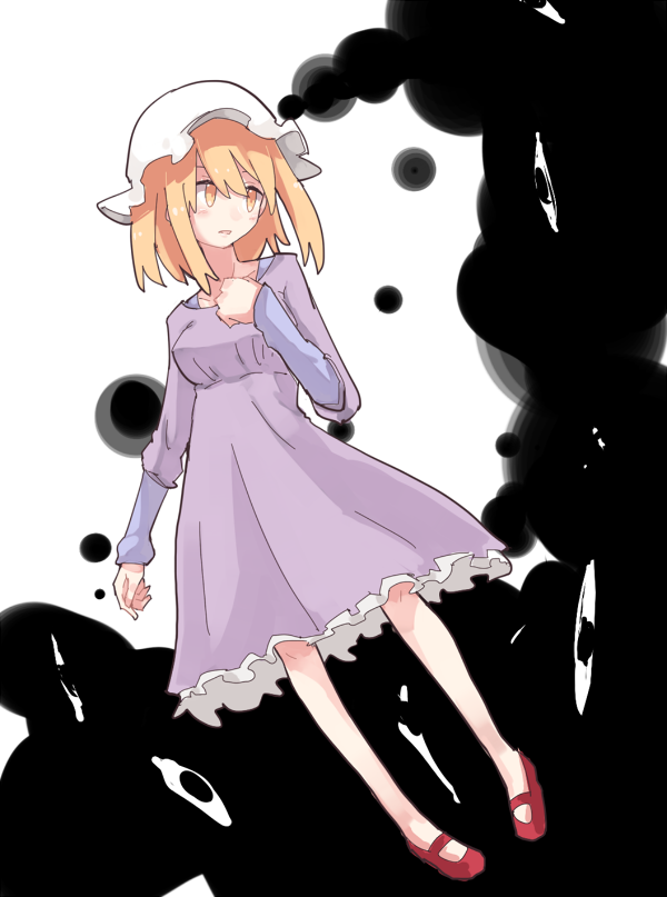 1girl black_clouds blonde_hair creepy dress eyes floating hand_on_own_chest hat looking_to_the_side maribel_hearn mary_janes mob_cap purple_dress red_shoes shiroshi_(denpa_eshidan) shoes simple_background solo staring touhou worried yellow_eyes