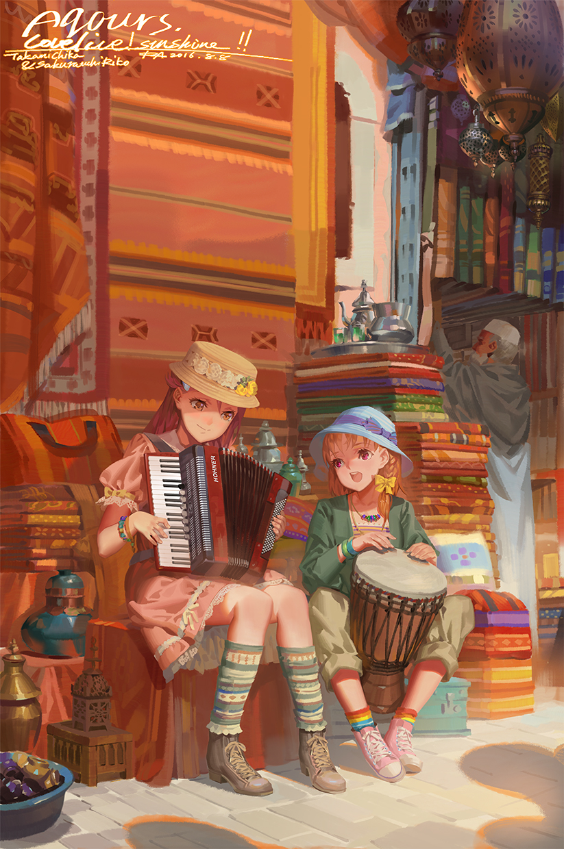 1boy 2girls accordion alphonse_(white_datura) bangs bead_bracelet beads beard blush bracelet braid brown_eyes brown_hair brown_pants carpet character_name commentary copyright_name dress drum facial_hair flower grey_hair hair_ribbon hat hat_flower hat_ribbon highres instrument jewelry kneehighs knees_together_feet_apart long_hair looking_at_another love_live! love_live!_sunshine!! multiple_girls necklace old_man open_mouth pants pink_dress red_eyes redhead revision ribbon sakurauchi_riko shoes short_hair side_braid sitting skirt smile sneakers socks striped striped_legwear takami_chika teapot