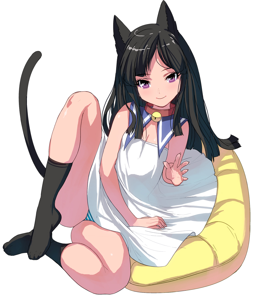 1girl animal_ears bare_shoulders bell bell_collar black_hair blush breasts cat_ears cat_tail collar dress leg_up long_hair looking_at_viewer masao original panties pantyshot pillow sitting small_breasts smile solo sundress tail thighs underwear violet_eyes